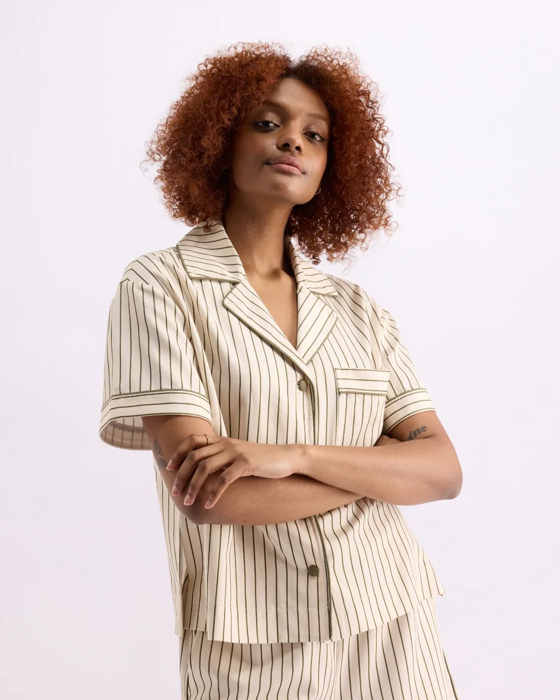 HOMMEY - SHORT SLEEVE SLEEP SHIRT | MATCHA STRIPES - Image 4