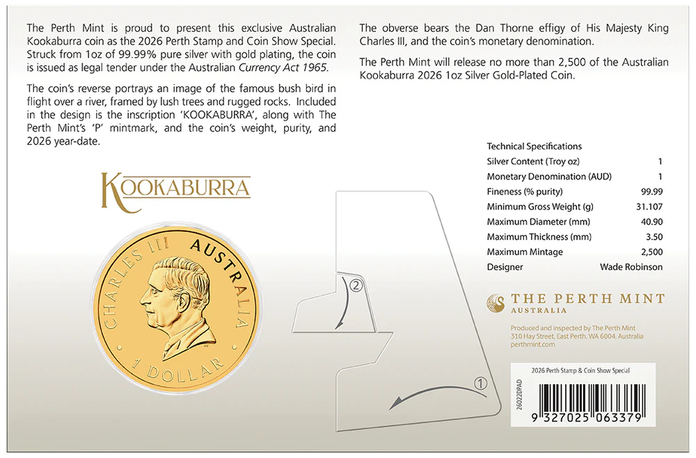 THE PERTH MINT - AUSTRALIAN KOOKABURRA PERTH STAMP AND COIN SHOW 2026 1OZ SILVER GOLD-PLATED COIN IN CARD - Image 2
